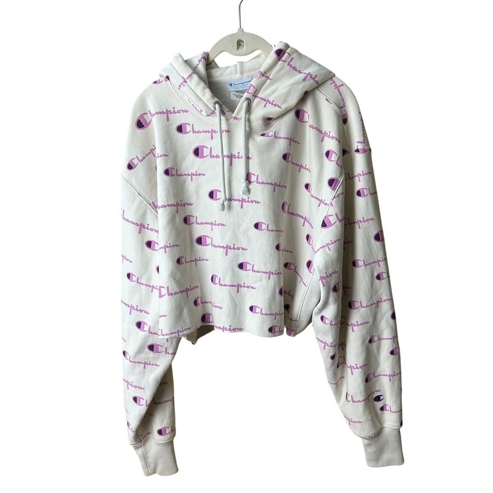 Champion Reverse Weave Hoodie All Over Print Logo XL Cropped Sweatshirt